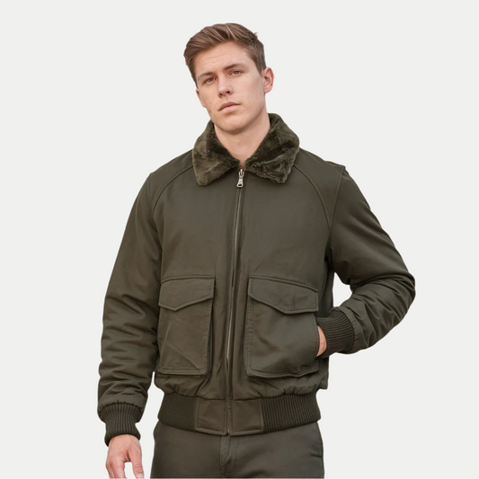 Men’s Military Green Bomber Jacket – Fleece-Lined & Winter-Ready