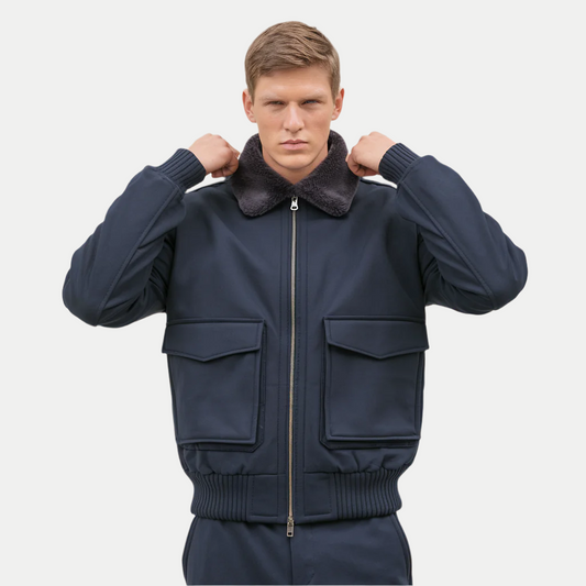 Men’s Navy Blue Bomber Jacket – Fleece-Lined, Durable & Timeless
